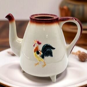 Vintage Rooster Ceramic Teapot Tripod Legs Farmhouse